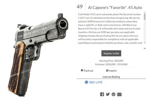 경매에 오르는 알 카포네의 권총[경매회사 위더렐 홈페이지 캡처]